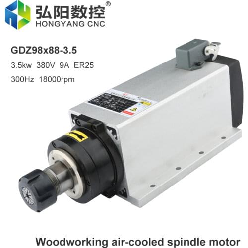 Square 3.5KW Air-Cooled Spindle Motor ER25 9.0A 18000rpm 220V 380VCNC Milling Machine Engraving Flange Mounting Motor