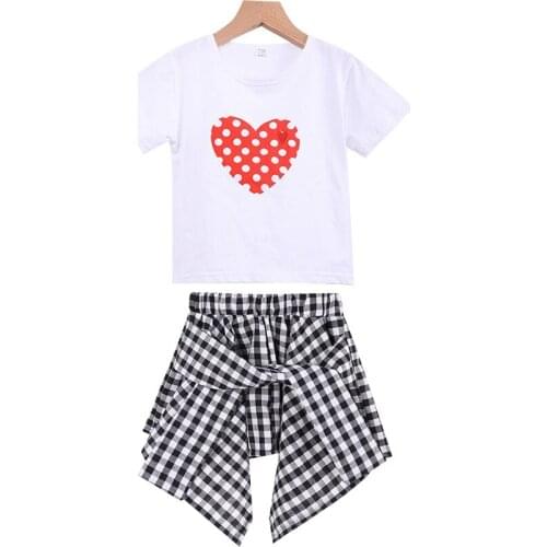 Kids girls summer 2pcs suit, short-sleeved printed T-shirt + love plaid skirt new big virgin suit 4-12 years old