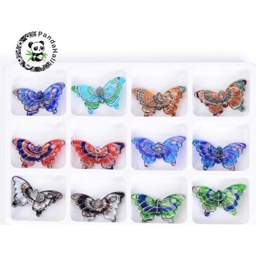 Fashion Handmade Foil Butterfly Lampwork Pendants, with Gold Sand, Mixed Color, 38x62x9mm, Hole: 5mm; 12pcs/box F60