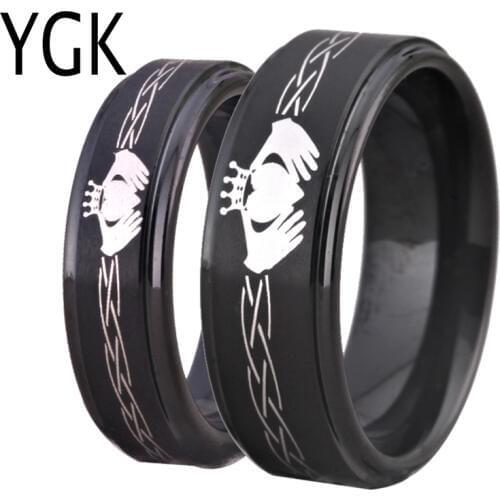 Tungsten Carbide Mens Black Ring Classic Claddagh Design Womens Wedding Band Love Ring Friendship Gift Engagement Party Ring