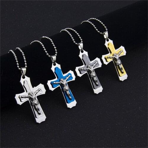 Crucifix Cross Pendant Necklace Stainless Steel Male Punk Necklaces Round Bead Chain Men Women Necklaces Jewelry Gifts