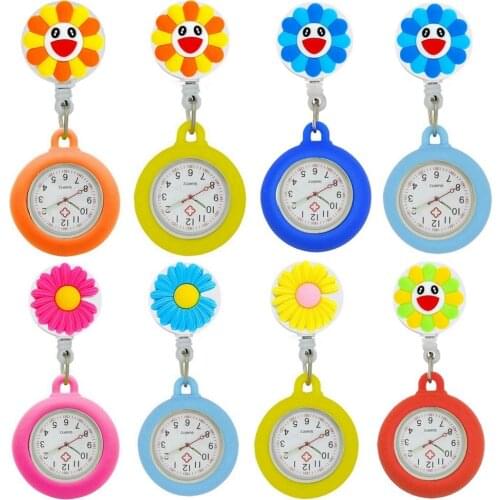 Colourful smile sunflowers flowers cartoon Retractable Badge Reel nurse doctor pocket clips watches hospical medical gift clock