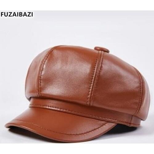 FUZAIBAZI New Genuine Leather Hat Autumn Fashion Sheepskin Newsboy Caps For Womens Elegant Noble Ladies Brands Student Cap