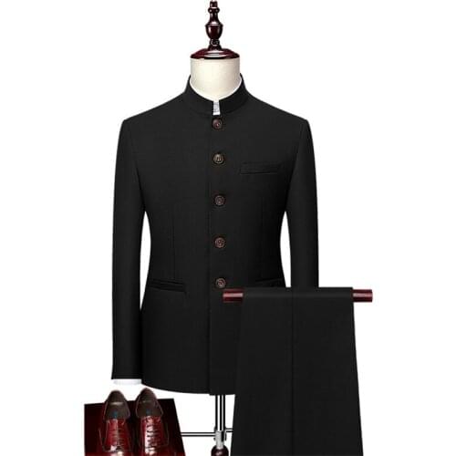 2021 Latest Pure Color Men Business Wedding Suit Fashion Stand-up Collar Chinese Tunic 2 Piece Slim Fit Male Blazers and Pants