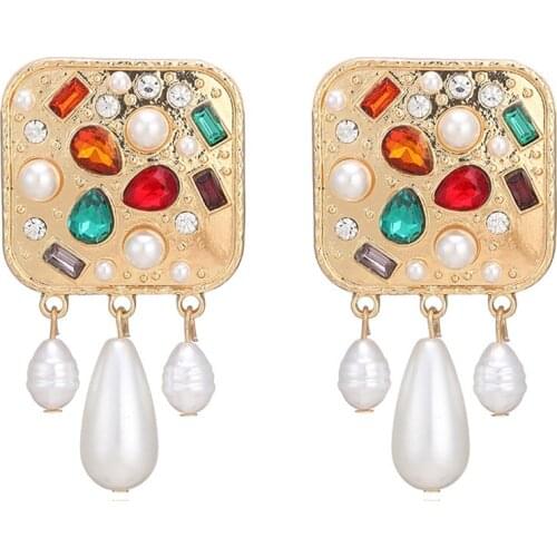 New Bohemian Vintage Metal Colorful Crystals Dangle Drop Earrings Hanging Pearls Fine Rhinestone Jewelry Accessories For Women