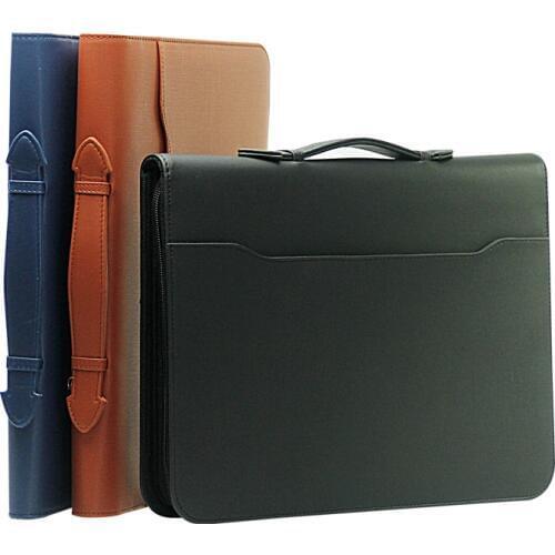 High Quality Leather Zipper Business Office PU Leather File Folder A4 Manager Bag Portfolio Briefcase with Handles Calculator