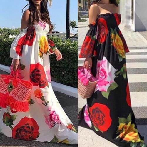 Hot Sales!! Holiday Boho Women Off Shoulder Backless Flare Sleeve Floral Print Maxi Dress Beach Bohemia Female Vestidos Dropship