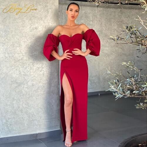Sexy Satin Evening Dresses Long Off Shoulder Sweetheart High Split Party Dress Lantern Sleeves Robe de soiree 2020