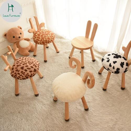 Louis Fashion Childrens Stools Solid wood cartoon deer bench kindergarten baby table kit Nordic animal