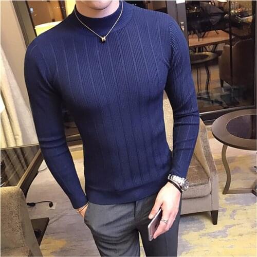 Fall Winter Mens Sweater Fashion Striped Casual Pure Color Pullover Mens Half Turtleneck Stretch Skinny Sweater Slim Knit Tops