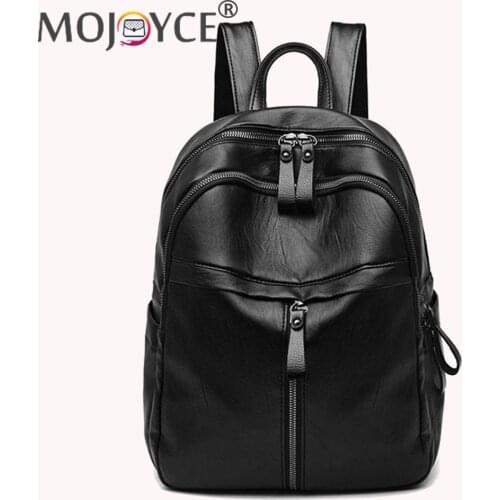 Vintage PU Leather Women Shopping Backpack Solid Color Student Large Capacity Schoolbags Women Travel Zipper Rucksack