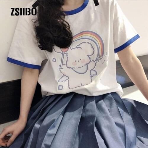 Japanese kawaii plus size loose casual female Ulzzang tops Harajuku short-sleeved sweet tees Vintage fun O-neck ins T-shirt