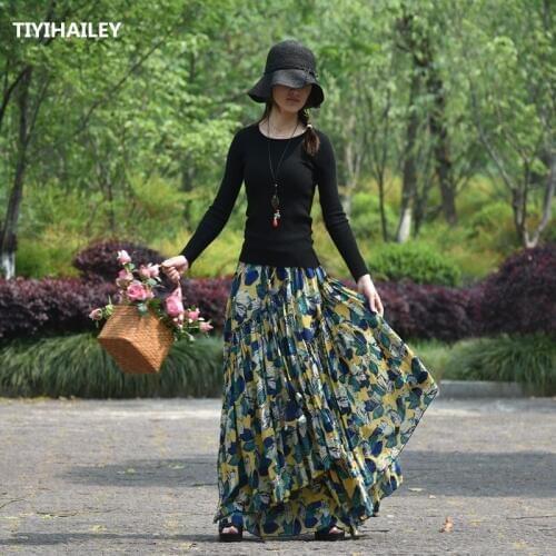 TIYIHAILEY Free Shipping Long Maxi A-line Elastic Waist Women Summer Cotton Linen Chinese Style S-2XL Flower Print Big Hem Skirt