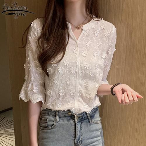 2021 Elegant Blouses Summer New Stereoscopic Embroidered White Lace Shirt Cotton Blouse Floral Short Sleeve Womans Shirt 9638