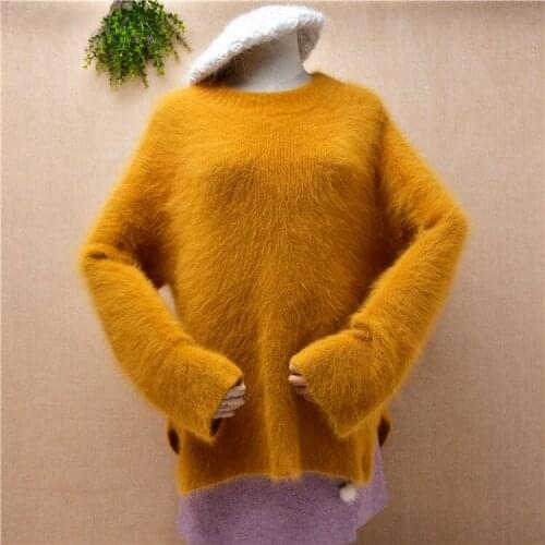 Female women fashion yellow winter clothing hairy mink cashmere knitted o-neck split loose pullover angora fur jumper sweater