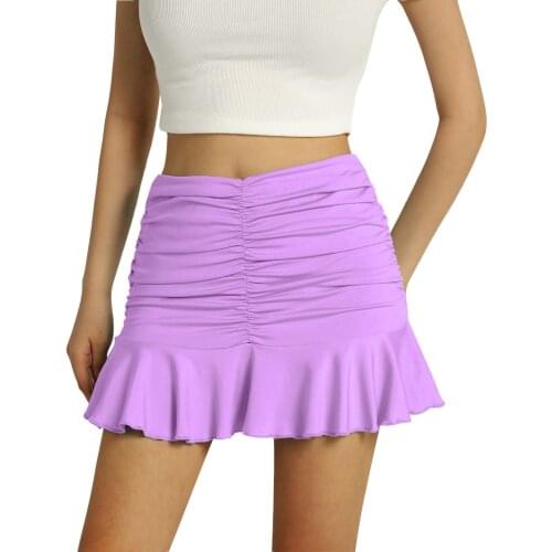 Womens Casual Polyester Ruched Ruffle Mini Skirt High Waist Solid Color Stretch A-line Pleated Skirt