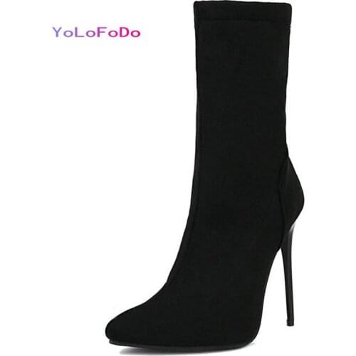 2021 Autumn Winter Women Ankle Boots Faux Suede Pointed Toe Ladies Stretch Boots Sexy Party Women Thin High Heel Boots Black