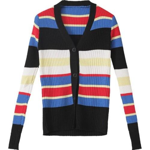 Women Sweater Rainbow Colorful V-neck Slim Elastic Striped Short Thin Cardigan Button Outwear Spring Autumn Coat Tops Cardigans