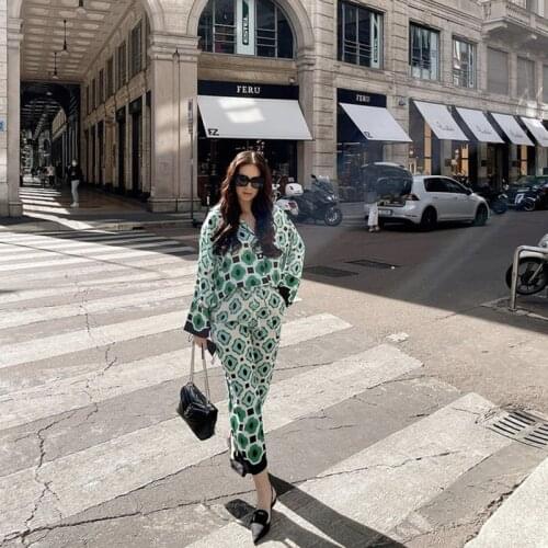 Women Green Print Blouse Shirts Suit 2021 Autumn Elegant Streetwear Pant Matching Two-Piece Set Ladies Vinatge Geometry Suits
