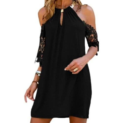 80%HOTSkirt Above Knee Skin-friendly Solid Color Lace Off Shoulder Short Sleeve Dress for Vacation
