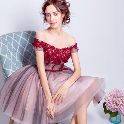 Short off shoulder wine knee length sweat lady girl women princess bridesmaid banquet party dress gown