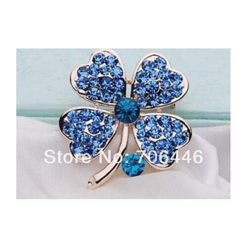 Gold Tone Blue Rhinestone Crystal Small Clover Leaf Flower Pin Brooch