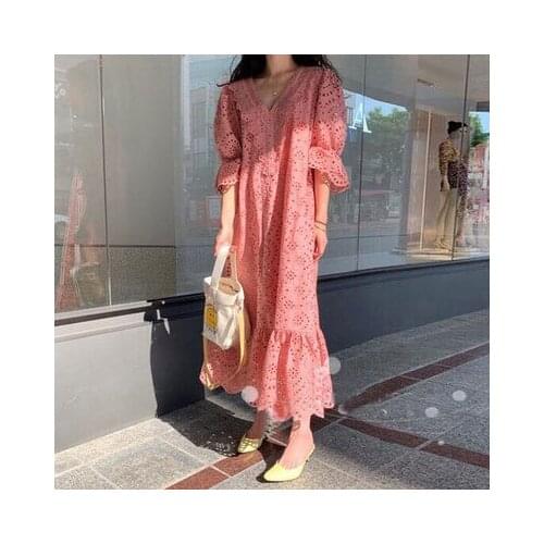 2021 lace hollow out loose dress French knee-length dress