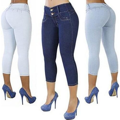 2021 Plus Size Women Sexy Casual Cropped Pants Solid Color Button Fly Waist Slim Trousers Breathable Elastic Pencil Pants