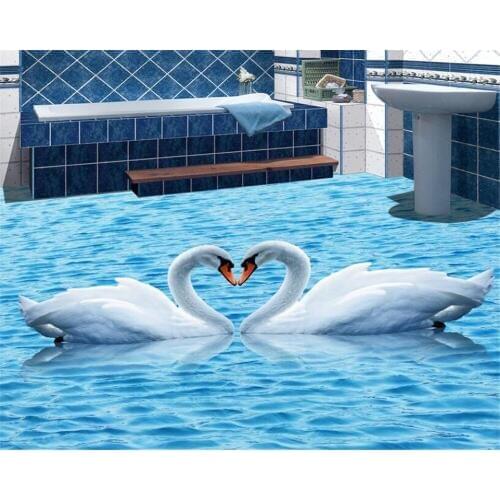 Beibehang White Swan Blue Lake 3D Floor Titern Tile Tile Painting Bedroom Bathroom 3D Floor PVC Non-slip Floor Stickers photo