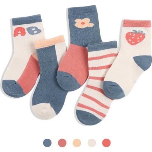 5Pairs Unisex Cotton Girls Socks Boys Striped Pink Blue Strawberry Summer Stockings for 1 2 3 4 6 8 10 12 Years Old OKO213001