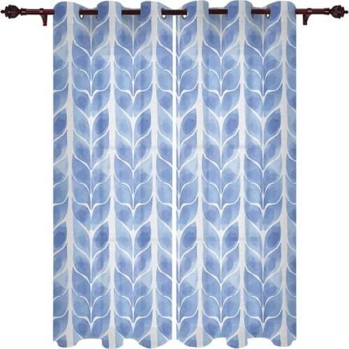 Watercolor Blue Leaves Window Curtains for Living Room Kitchen Curtain with Valance Kids Room Home Decor