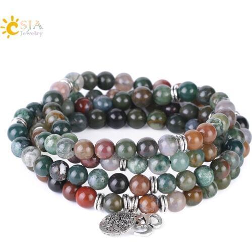 CSJA Healing Balance Bracelet Indian Agates Natural Stone Gem Yoga Prayer OM AUM Devil Eye Charms 108 Bead Bracelets Bangle F407