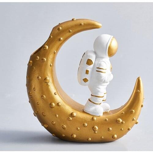 Resin Astronaut Figurines Fashion Spaceman With Moon Sculpture Decorative Miniatures Pen Holder For Man & Boyfriend