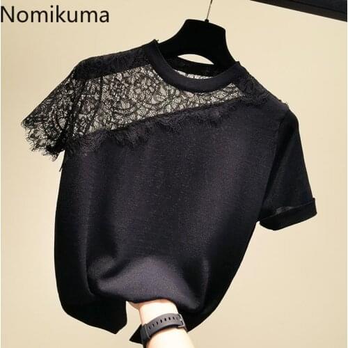 Nomikuma Hollow Out Lace Patchwork T Shirt Women O Neck Short Sleeve Graphic Tshirts Casual Loose Tops Summer New Camisetas