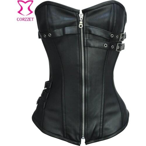 Gothic Black Buckled Leather Steel Boned Corset Corselet Feminino Espartilhos Plus Size Corsets and Bustiers Steampunk Clothing