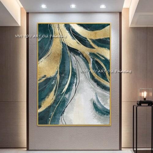 Painted By Skill Artist 100% Handmade New Large Modern Abstract green Gold Foil Wall Picture for Living Room Home Decor
