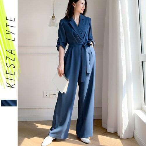 Women Wide Leg Jumpsuit Long Playsuits Lace Up Blue Rompers Female Casual Office Lady Work Wear Elegant Fashion Clothes