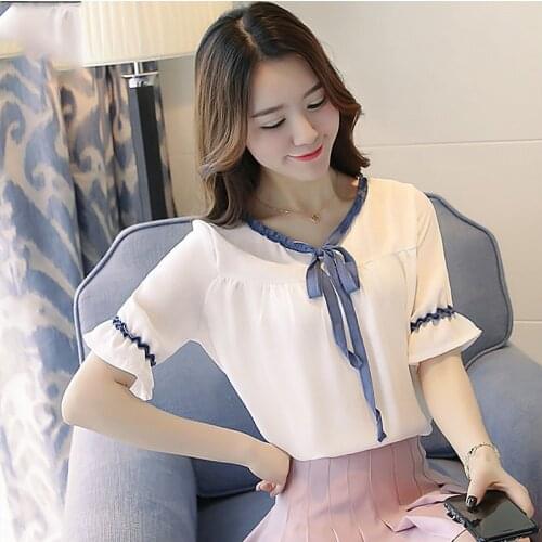 Fashion V-neck Solid Loose Women Chiffon Blouses Shirts Lady Casual Elegant Spring Summer Style Short Sleeve Tops