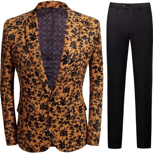 Mens Brown Maple Leaf Printed Suit Men Slim Fit Suit Set Blazers Singer Costume Casual Night Party Bar Suit