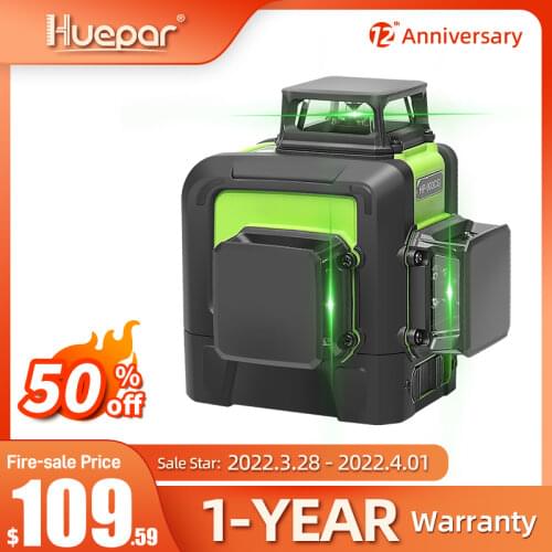 Huepar 12 Lines 3D Cross Line Laser Level Green Laser Beam Line with Li-ion battery Self-Leveling Level Tools With Pulse Mode