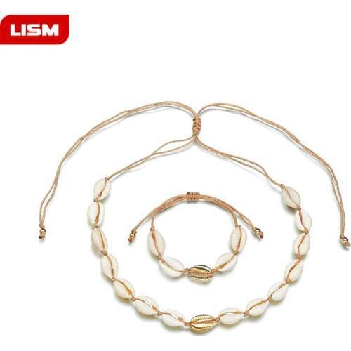 New Gold Cowrie Shell Bracelets for Women Delicate Rope Chain Bracelet Necklace Beads Charm Bracelet Bohemian Beach Jewelry Set