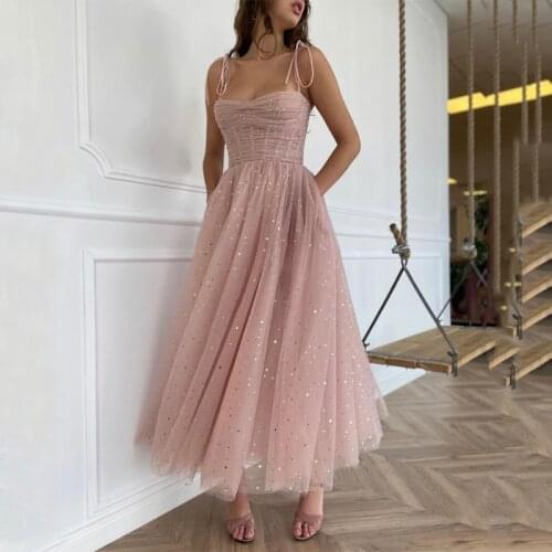Sexy Sweetheart Spaghetti Straps Sandy Pink Bead Sequin Pocket Tulle A-line Prom Dresses Formal Evening Dress vestido formatura
