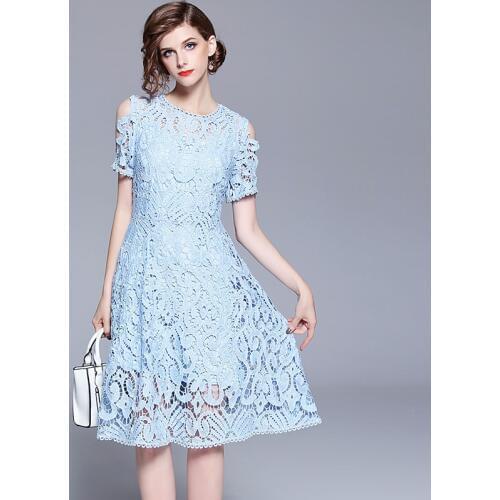 IN STOCK 2021Temperament O-neck hollow lace Runway dress High waist slim Blue dress