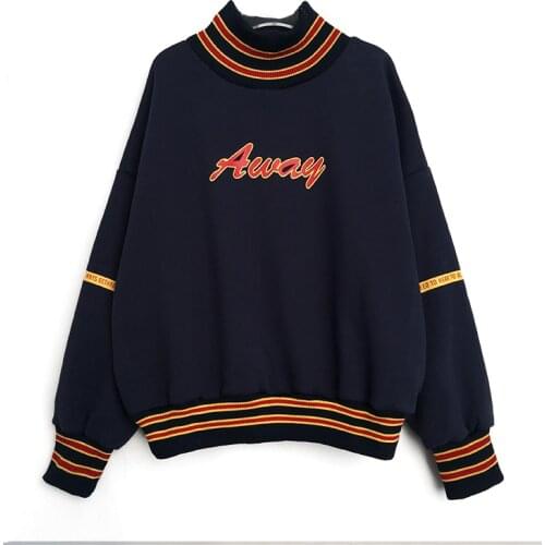 PERHAPS U Navy Blue White Letter Print Turtleneck Sweatshirts Pullovers Casual H0012