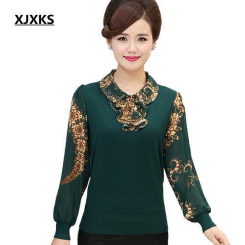 XJXKS Women Cashmere Sweaters And Pullovers Autumn 2019 Comfortable Print Turn-down Collar Tops Oversized Knitted Sweater 115