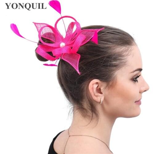 Hot Pink Wedding Headwear For Ladies Fashion Formal Hair Fascinator Accessories With Fancy Feather Headdress Cocktail Hats