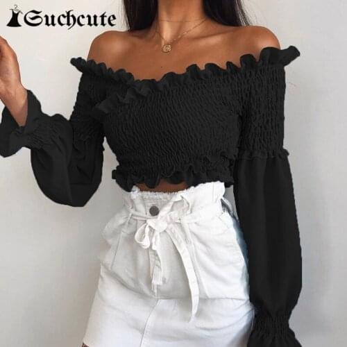 SUCHCUTE Shirring Ruffles Women T Shirts Aesthetic Solid Long Sleeve Sexy Off Shoulder Cropped Tops Harajuku Vintage Clubwear