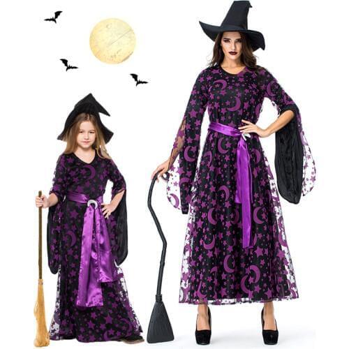 Woman Black Yarn Star Moon Stamp Witches Dress Costumes Cosplay Suit With Hat For Girls Halloween Party Dress Costume Cosplay