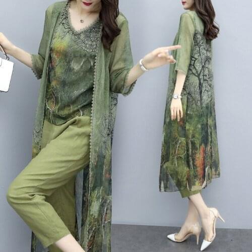 Summer Green Chiffon Printed 3 Piece Sets Women Plus Size Vest+cardigan+cropped Pants Suits Elegant Korean Womens Sets Femme