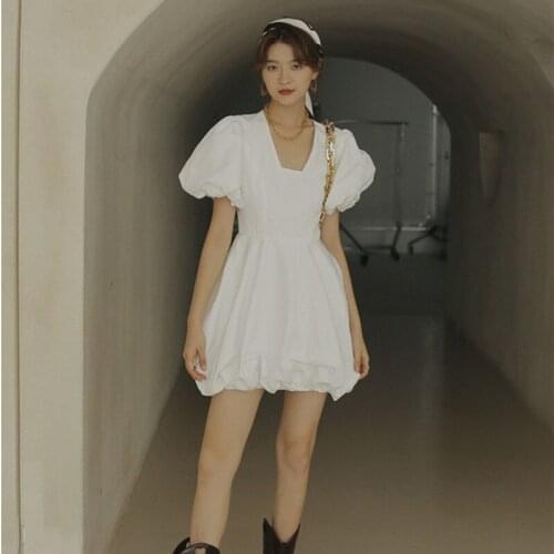 Women White High Waist Square Neck Puff Sleeve Dress Female 2021 Summer Cute Kawaii Chic Fashion Dress Vestido de mujer